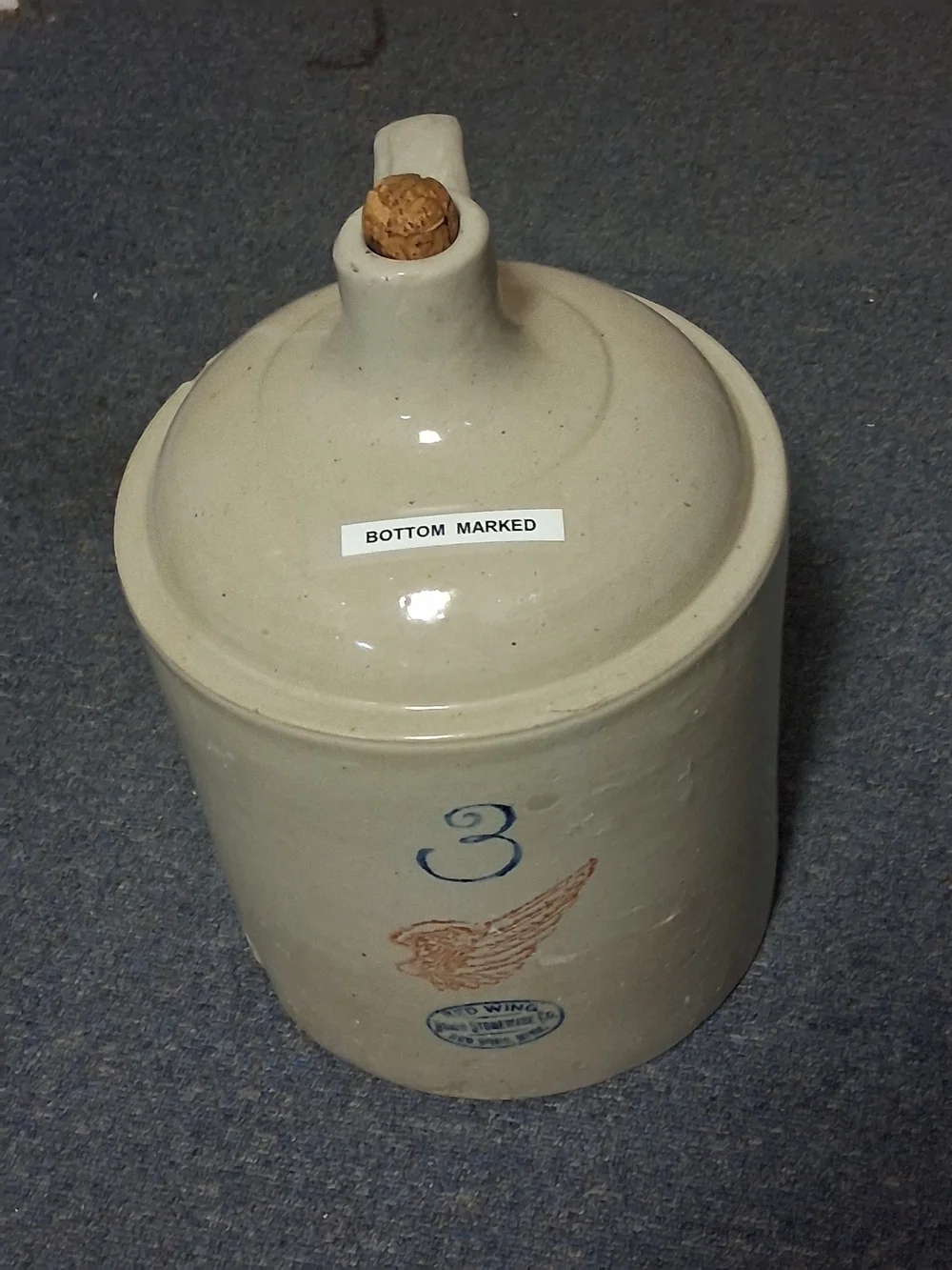 Stoneware 3-Gallon Red Wing  Crock Jug with Wing Motif